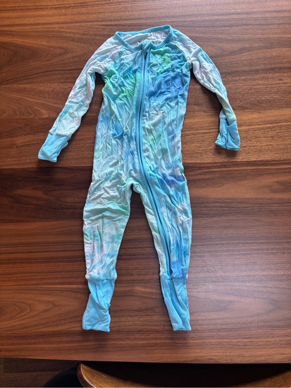 Little Sleepies Blue & Green Tie-Dye Bamboo One-Piece Zipper Footie